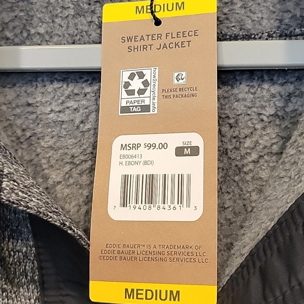 Eddie Bauer Men's Sweater Fleece Shirt Jacket Shacket Charcoal Medium NWT